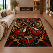 crossed guitars rock emblem rug in a living room with a fireplace