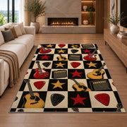 checkered rock guitar rug in a living room with a fireplace
