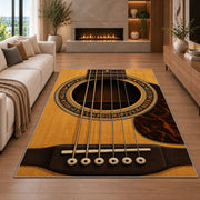 acoustic guitar soundhole rug in a living room with a fireplace