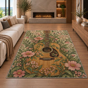 boho guitar and wildflowers rug in a living room with a fireplace