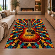 guitar pick mosaic rug in a living room with a fireplace