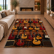 guitar shop wall rug in a living room with a fireplace