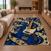 blue bass guitar rug in a living room with a fireplace