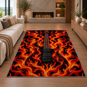 flaming electric guitar rug in a living room with a fireplace