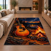 campfire guitar night rug in a living room with a fireplace