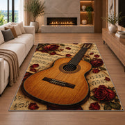 classical guitar sheet music rug in a living room with a fireplace