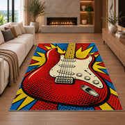 pop art electric guitar rug in a living room with a fireplace