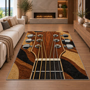 guitar headstock rug in a living room with a fireplace