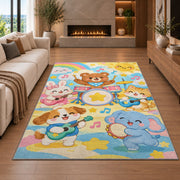 kids animal band rug in a living room with a fireplace