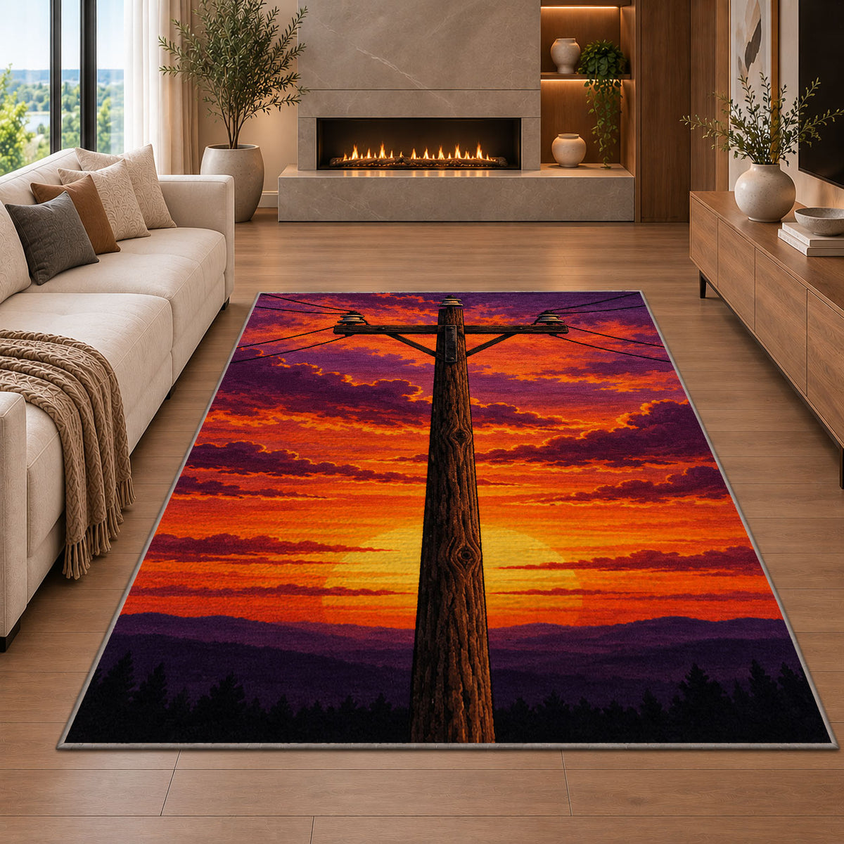 power line pole sunset rug in a living room with a fireplace