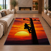 lineman climbing pole silhouette rug in a living room with a fireplace