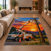 bucket truck lineman rug in a living room with a fireplace