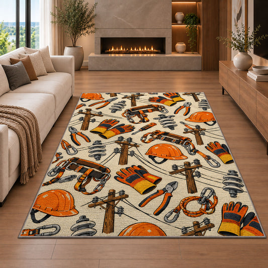 lineman tools pattern rug in a living room with a fireplace