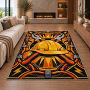 lineman hard hat emblem rug in a living room with a fireplace