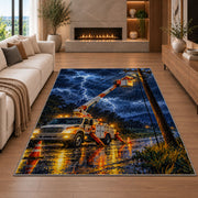 storm lineman bucket truck rug in a living room with a fireplace