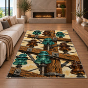 vintage glass insulator rug in a living room with a fireplace