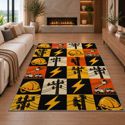 checkered lineman icons rug in a living room with a fireplace