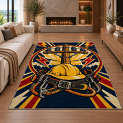 lineman badge rug in a living room with a fireplace