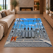 electrical substation rug in a living room with a fireplace