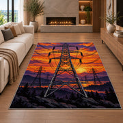 high voltage tower sunset rug in a living room with a fireplace