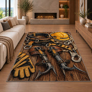 lineman climbing gear rug in a living room with a fireplace