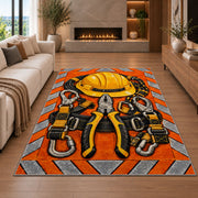safety orange lineman rug in a living room with a fireplace