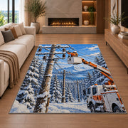 winter lineman bucket truck rug in a living room with a fireplace
