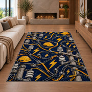 power lines and lightning pattern rug in a living room with a fireplace