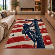 patriotic lineman silhouette rug in a living room with a fireplace
