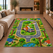 kids lineman road play rug in a living room with a fireplace