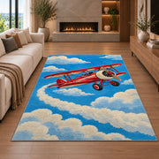 Vintage Biplane Rug in a living room with a fireplace