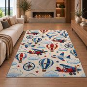 Airplane Pattern Rug in a living room with a fireplace