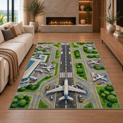 Airport Runway Rug in a living room with a fireplace