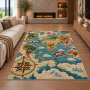 Vintage World Map Rug in a living room with a fireplace