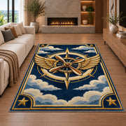 Pilot Wings Rug in a living room with a fireplace
