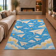 Paper Airplane Rug in a living room with a fireplace