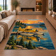 Seaplane Lake Rug in a living room with a fireplace