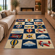 Retro Airplane Checkered Rug in a living room with a fireplace