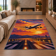 Jet Takeoff Sunset Rug in a living room with a fireplace