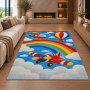 Rainbow Airplane Rug in a living room with a fireplace