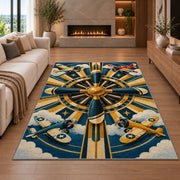 Art Deco Propeller Rug in a living room with a fireplace