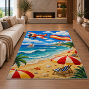 Beach Airplane Banner Rug in a living room with a fireplace