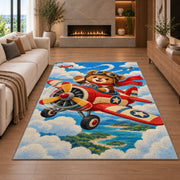 Teddy Bear Pilot Rug in a living room with a fireplace