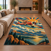 Retro Aviation Poster Rug in a living room with a fireplace