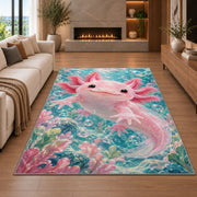 Cute Pink Axolotl Rug in a living room with a fireplace