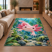 Axolotl Lake Rug in a living room with a fireplace