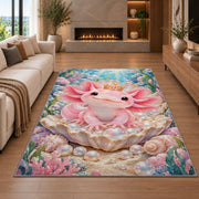 Axolotl Princess Rug in a living room with a fireplace