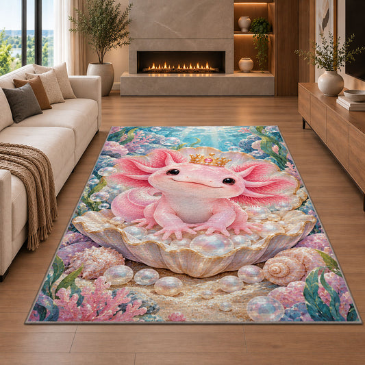 Axolotl Princess Rug in a living room with a fireplace