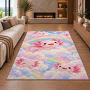 Rainbow Axolotl Rug in a living room with a fireplace