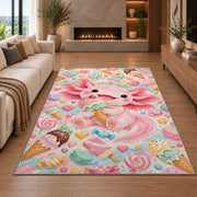 Axolotl Ice Cream Rug in a living room with a fireplace